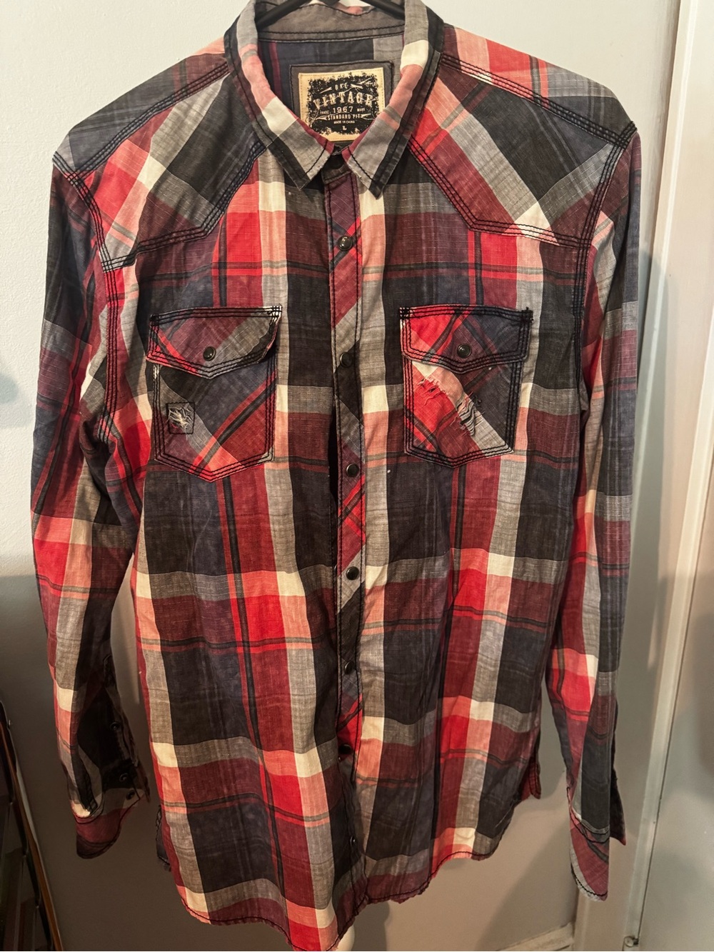 BKE Red, Black & White Plaid Button-Down Shirt